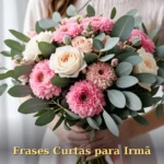Buquê de flores mistas com eucalipto atado com fita para aniversário de irmã