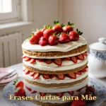 Bolo clássico de aniversário com camadas de morango e creme em prato de porcelana vintage para mãe