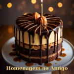 Bolo com cobertura de chocolate escuro e caramelo em luz âmbar lateral para aniversário de amigo