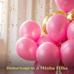 Frase de aniversário para filha com buquê de rosas em tons suaves e corações flutuantes
