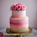 Bolo de aniversário com cobertura ombré rosada e flores frescas para irmã