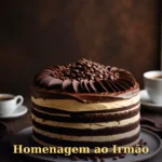 Bolo com camadas de café expresso e chocolate escuro em tons quentes para irmão