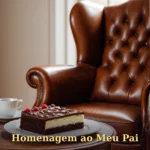 Poltrona de couro clássica com fatia de bolo em mesa lateral de madeira para aniversário de pai