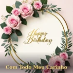 Homenagem de aniversário para sobrinha com buquê de peônias rosadas e fundo iluminado com bokeh dourado