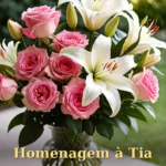 Arranjo de rosas cor-de-rosa e lírios brancos em estilo jardim para tia ou tio