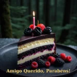 Fatia de bolo de aniversário com frutas escuras da floresta em prato de ardósia para amigo