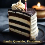Fatia de bolo de aniversário mostrando camadas escuras e creme em prato de ardósia para irmão