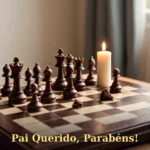Tabuleiro de xadrez clássico com vela e pequeno bolo de aniversário para pai