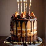Bolo com cobertura de caramelo e lascas de chocolate escuro em luz dourada para irmão