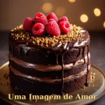 Bolo de chocolate escuro com framboesas frescas e brilhos dourados para namorado