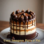 Bolo com cobertura de chocolate escuro e caramelo em tons âmbar quentes para pai