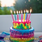 Bolo de aniversário com efeito tie-dye e velas de estrelinha para prima ou primo