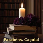 Pilha de livros vintage com vela e flores escuras em clima de biblioteca para irmão