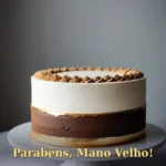 Bolo minimalista com linhas limpas e única faixa dourada para aniversário de irmão
