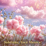 Linda homenagem para sobrinha com buquê de rosas e peônias em tons rosados e dourados elegantes