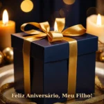 Imagem de mensagem de aniversário para filho com presente elegante e fita dourada em ambiente aconchegante para baixar e compartilhar