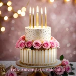 Imagem de mensagem de aniversário para sobrinha com arranjo de rosas cor-de-rosa e detalhes dourados para baixar e compartilhar