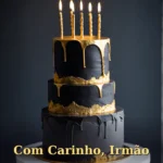 Bolo moderno com decoração em carvão e dourado em estilo masculino contemporâneo para irmão