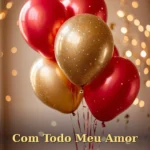 Balões vermelhos e dourados com confetes em fundo de bokeh quente para aniversário de namorado