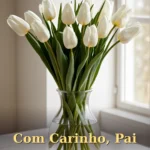 Arranjo de tulipas brancas em vaso de vidro em luz natural simples e elegante para pai
