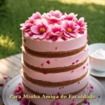 Bolo de três camadas com buttercream rosado e pétalas de flores em jardim para amiga
