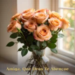 Buquê de rosas em tons de pêssego e rosa com folhas verdes em vaso de vidro para aniversário de amiga