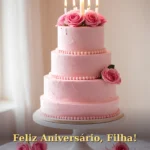 Imagem de aniversário para filha com bolo decorado de três camadas, rosas frescas e luz suave de velas