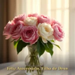 Mensagem de aniversário para filha de Deus com buquê de peônias e rosas brancas em vaso de cristal, imagem para baixar e compartilhar