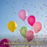 Balões coloridos e confetes flutuando contra fundo de céu suave para celebrar aniversário de filha