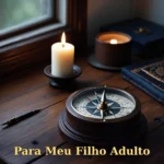 Mesa de madeira escura com bússola vintage, vela e bolo elegante para filho