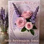 Imagem de mensagem de aniversário para irmã com arranjo floral elegante em tons rosados para baixar e compartilhar