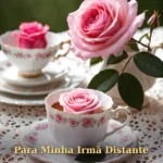 Xícara vintage com rosa cor-de-rosa ao lado de bolo decorado para irmã