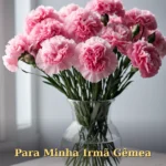 Arranjo de cravos cor-de-rosa e mosquitinho em vaso de vidro para irmã