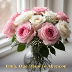 Imagem de aniversário para irmã com arranjo de rosas brancas e cor-de-rosa em vaso de cristal