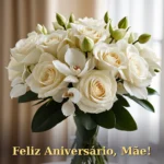 Imagem de aniversário para mãe com buquê de rosas creme e luz natural suave