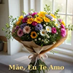 Buquê de flores de jardim mistas atadas com fita de seda em luz matinal para aniversário de mãe