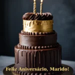 Imagem de aniversário para marido com bolo elegante de chocolate e detalhes dourados
