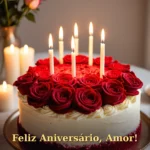 Bolo romântico de veludo vermelho com cobertura de cream cheese e rosas frescas para namorado