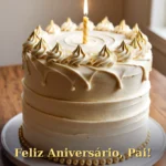 Bolo de aniversário clássico para pai com cobertura creme e detalhes dourados em mesa de madeira