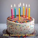 Bolo de aniversário colorido com confeitos de arco-íris e velas coloridas para prima ou primo
