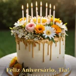 Bolo de aniversário elegante com flores frescas de jardim e detalhes dourados para tia ou tio