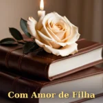 Pilha de clássicos encadernados em couro com vela e única rosa creme para pai