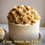 Bolo com rosetas de buttercream e folha de ouro em elegância clássica para celebrar pai