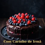 Bolo de chocolate escuro com frutas vermelhas frescas em mesa de madeira escura para irmão