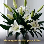 Arranjo de folhagem escura e lírios brancos em vaso moderno para aniversário de filho