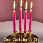Mensagem de tio para sobrinha com balões em tons azuis e rosados e bolo festivo iluminado