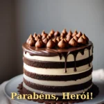 Bolo com creme de avelã tostada e chocolate escuro em tom masculino para pai