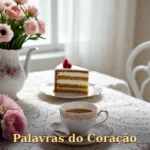 Cartão virtual para mãe com xícara vintage, bolo simples e rosa solitária