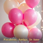 Balões cor-de-rosa e creme com luzes de fada e bokeh suave para aniversário de amiga