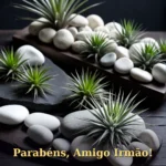 Arranjo de plantas aéreas e pedras brancas em mesa de madeira escura para aniversário de amigo